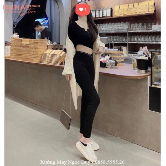 Quần legging nữ cạp cao viền sọc kẻ trắng vạt chéo gen bụng nâng mông dáng quần tregging dài ôm thun gân vải co giãn gym