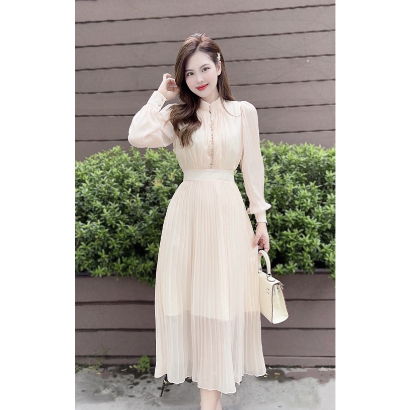 V165 Váy voan kem dài tay dập ly nữ tính - DVC&ACC