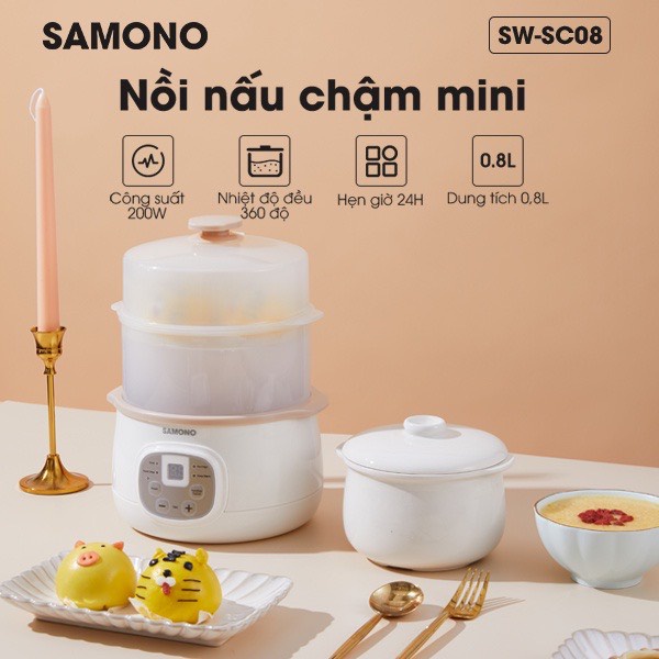 Nồi nấu chậm đa năng 4in1 SAMONO SW-SC08 0.8L chế độ hẹn giờ 24h phiên bản quốc tế - Hàng chính hãng bảo hành 12 tháng