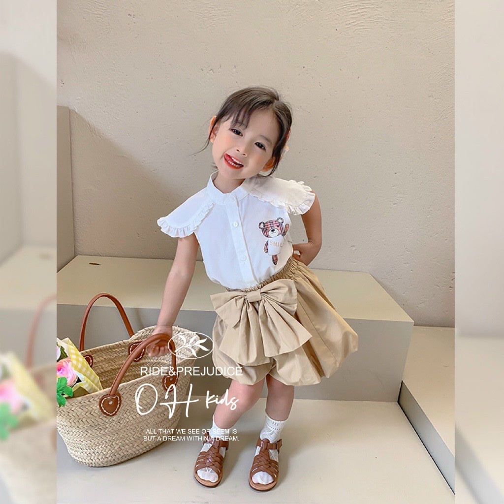 Set Bé Gái Phong Cách Áo Sơ Mi Cánh Tiên Sát Nách Trắng Vải Thun Đũi Quần Phồng