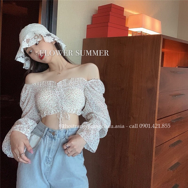 [Hàng Nhập]  Áo Croptop Ngắn Voan -Tay Dài Hoa Nhí “Style Hàn Quốc” Mã QC81