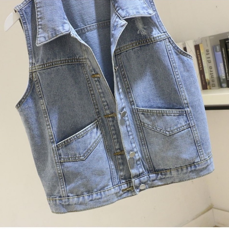 Áo khoác denim RENJIANVSHENG 168252 sát nách dáng ngắn phong cách Hàn Quốc retro thời trang