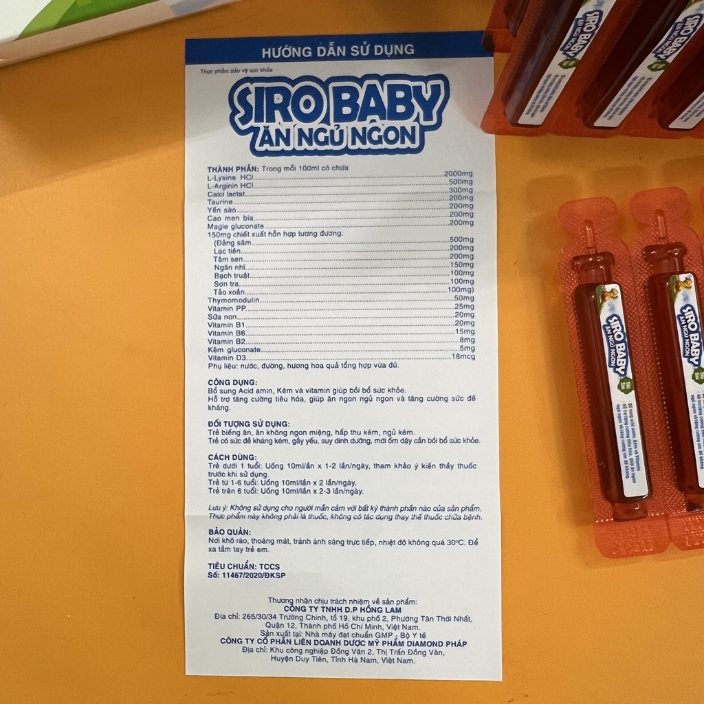 SIRO BABY ĂN NGỦ NGON YẾN SÀO 10ML 20 ỐNG CUNG CẤP D3 ACID AMIN VÀ KẼM VỊ NGỌT DỄ DÙNG BÉ THÍCH