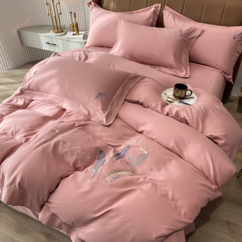 Bộ Chăn Ga Gối Cotton Line Thêu Hoa Rẻ Quạt full 3 màu