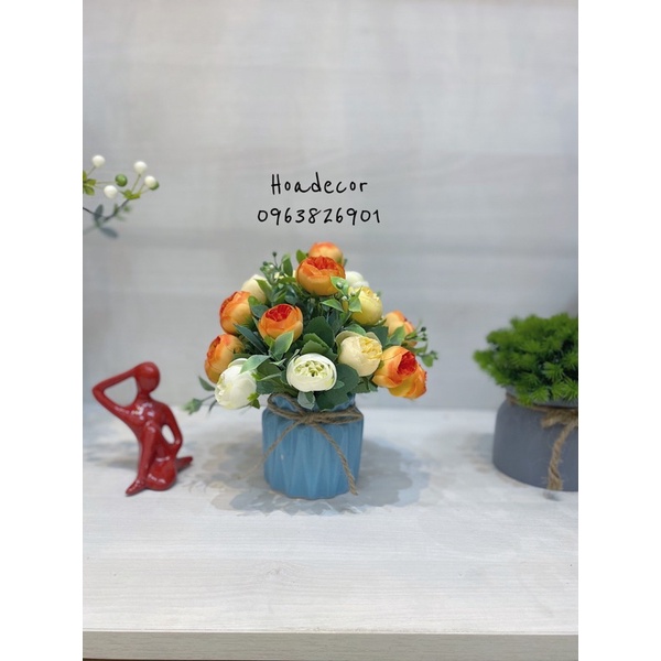 Chậu hoa giả, hoa lụa mini để bàn trang trí decor, làm quà tặng siêu đáng yêu