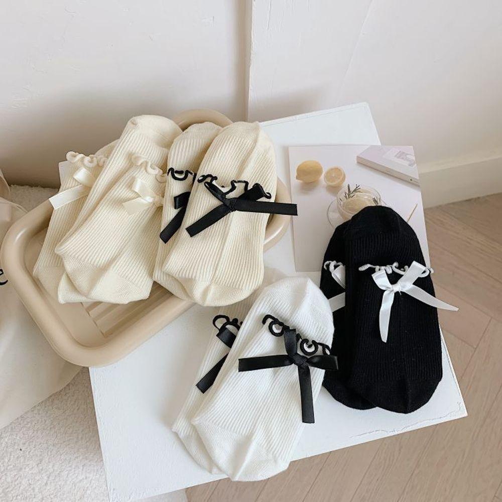 Vớ Cotton Màu Trơn Đính Nơ Phong Cách Harajuku Nhật Bản Cho Nữ