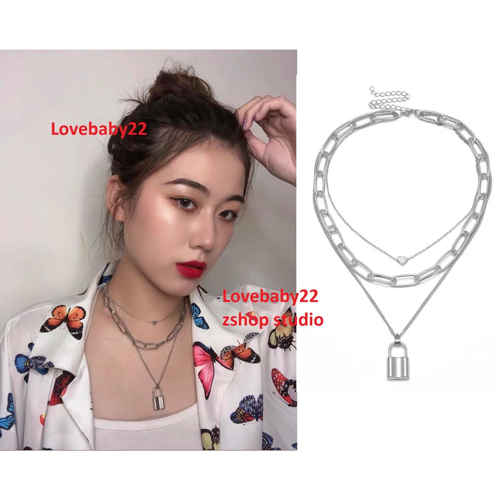 Vòng cổ ổ khóa và tim 3 lớp xích to nhỏ cá tính 3KT11