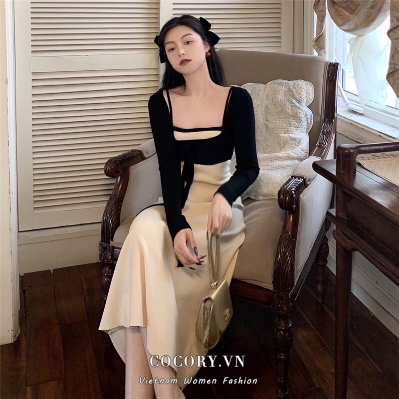 Đầm dệt kim Hàn Quốc. Đầm len tay dài