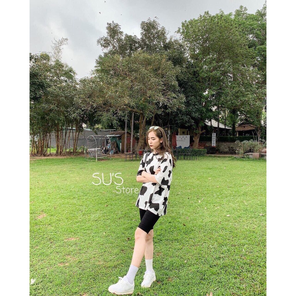 Áo thun cộc tay unisex loang bò sữa kèm quần legging lửng trẻ trung cá tính/ Set bộ hè thời trang nữ_ranstore | BigBuy360 - bigbuy360.vn