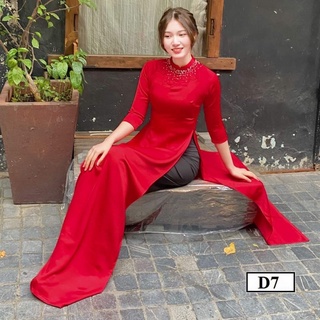Áo dài đỏ lụa cao cấp đính pha lê chất lụa tô châu co giãn dày dặn kèm quần ÁO DÀI BẢO HIẾU