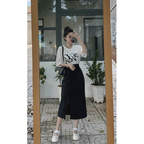 Set áo thun trắng + chân váy midi xẻ đùi 🔔KÈM ẢNH THẬT🔔