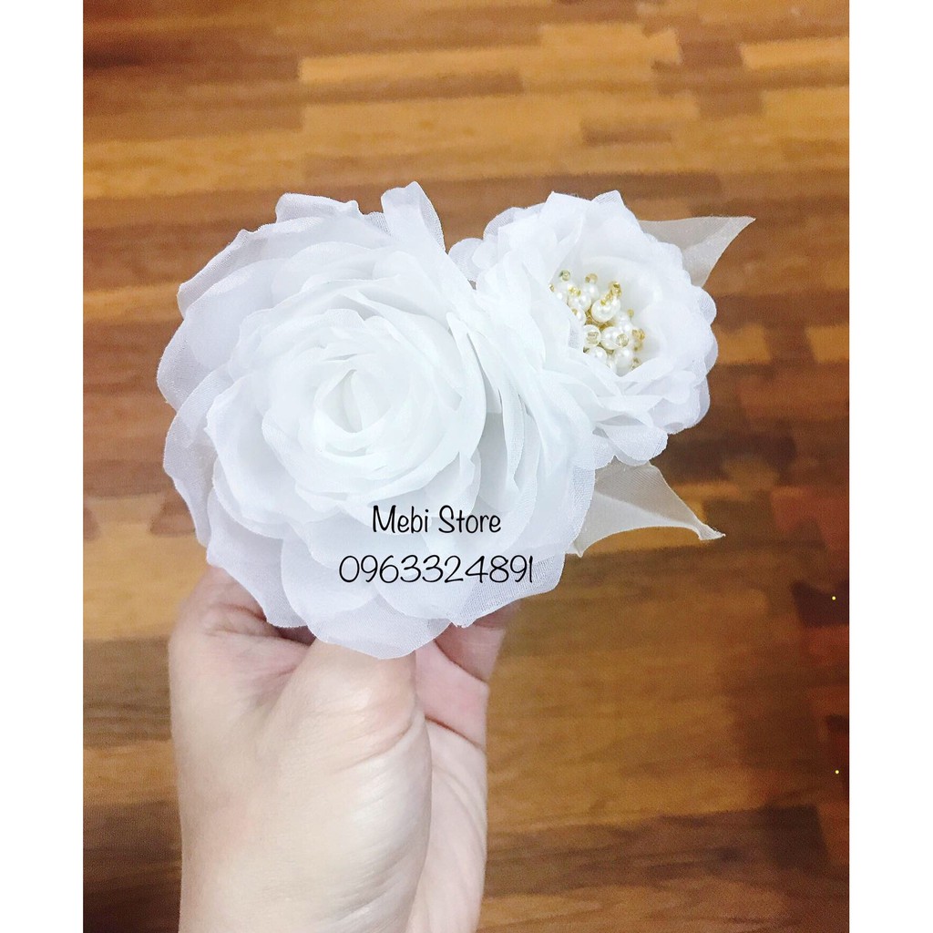 (Ảnh thật) Hoa cài áo handmad mẫu hồng trắng kép nhụy trai siêu sang (hoa to 9cm, nhỏ 4cm)