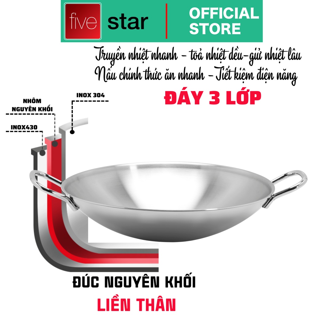 Chảo Xào Inox 304 Thân Đúc Đáy Liền Fivestar Plus 36cm