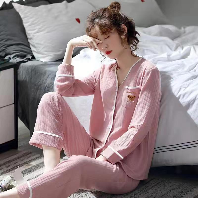 Bộ Đồ Ngủ Cotton Thuần Khiết Tay Dài Kẻ Sọc Cao Cấp Phong Cách Hàn Quốc Ngọt Ngào Mới 2022