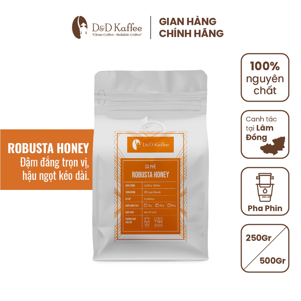 Cà phê Robusta Honey, Cà phê nguyên chất 100% - D&D Kaffee [Tặng 3 Gói CF túi lọc khi mua 2 gói 500gr]