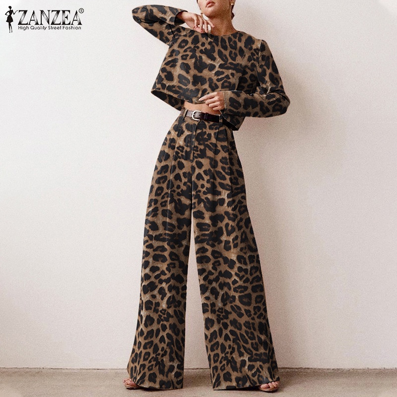 Bộ đồ ZANZEA in họa tiết da báo gồm áo croptop dài tay và quần dài ống rộng
