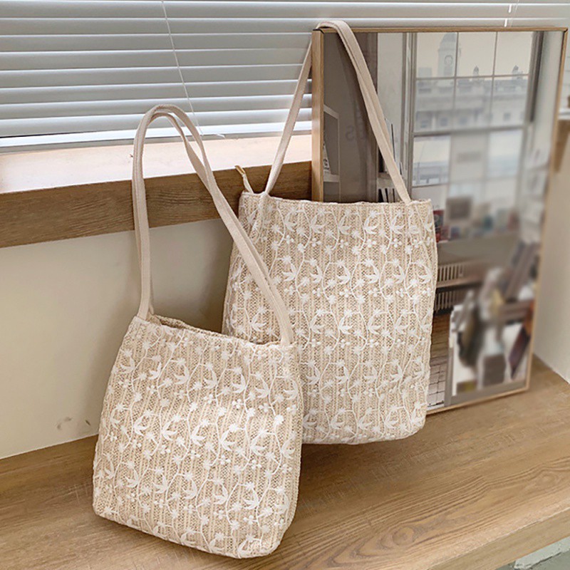 Túi xách đan cói phối ren hình hoa kích thước thời trang mùa hè cho nữ