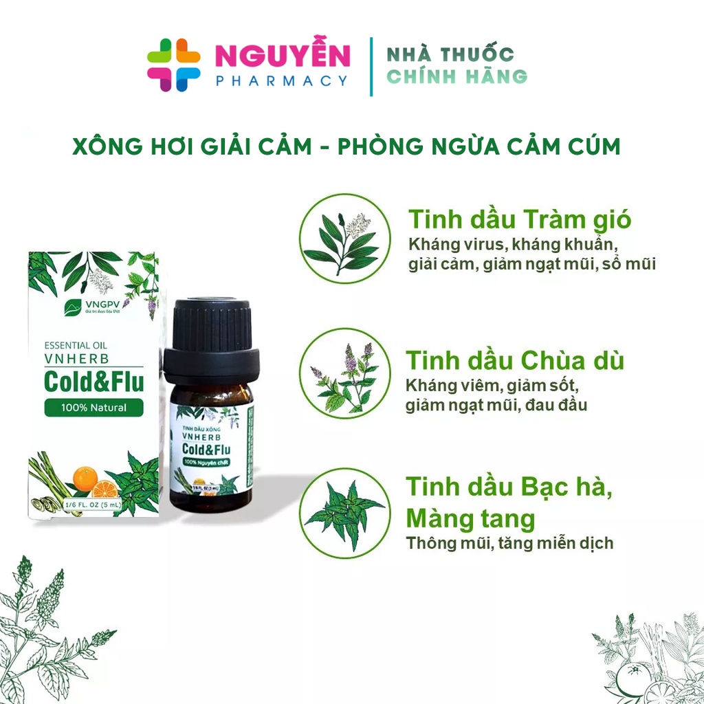 Tinh dầu xông VNHERB COLD &amp; FLU - Giúp xông hơi giải cảm, phòng ngừa cảm cúm, khử mùi, thư giãn