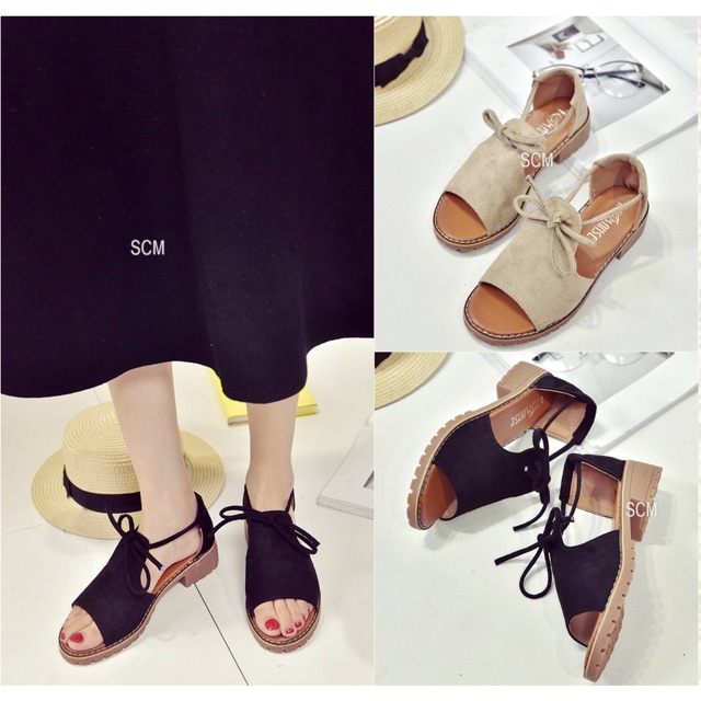 Giày sandal gót vuông cột nơ