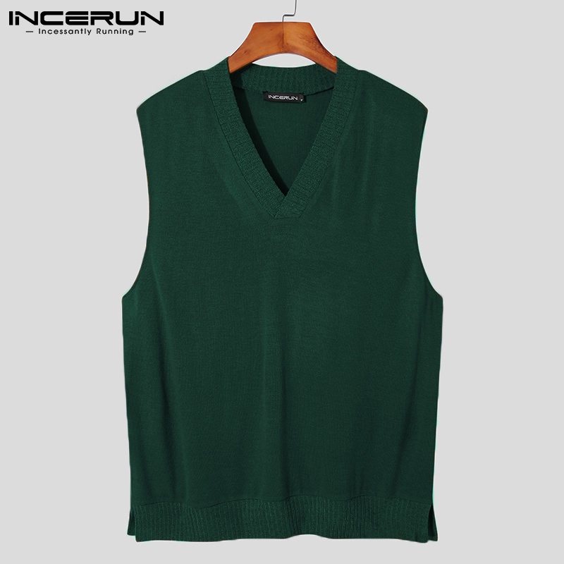 Áo dệt kim INCERUN không tay cổ chữ V màu trơn thời trang cho nam