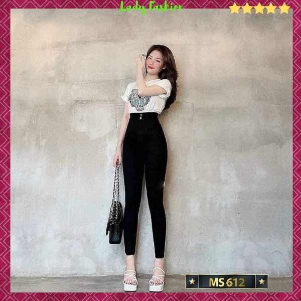 Quần jean nữ lưng cao 2 nút màu đen ôm dáng, quần bò nữ trơn chất vải co giãn thời trang cao cấp Lady Fashion - MQ612A