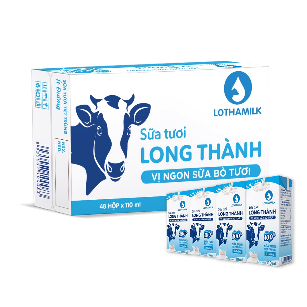 Sữa tươi tiệt trùng Lothamilk ít đường (Lốc 4 hộp × 110ml)