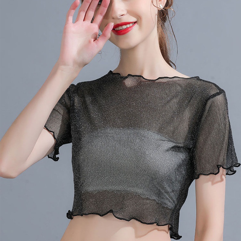 Áo Crop Top Lưới Tay Ngắn Xuyên Thấu Gợi Cảm Cho Nữ