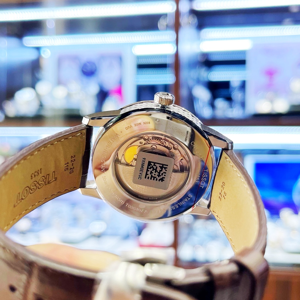 Đồng hồ Nam chính hãng Tissot 1853 Powermatic T086.407.16.031.00 Size 41,Mặt trắng,Lịch ngày-Máy cơ-Dây da nâu cao cấp