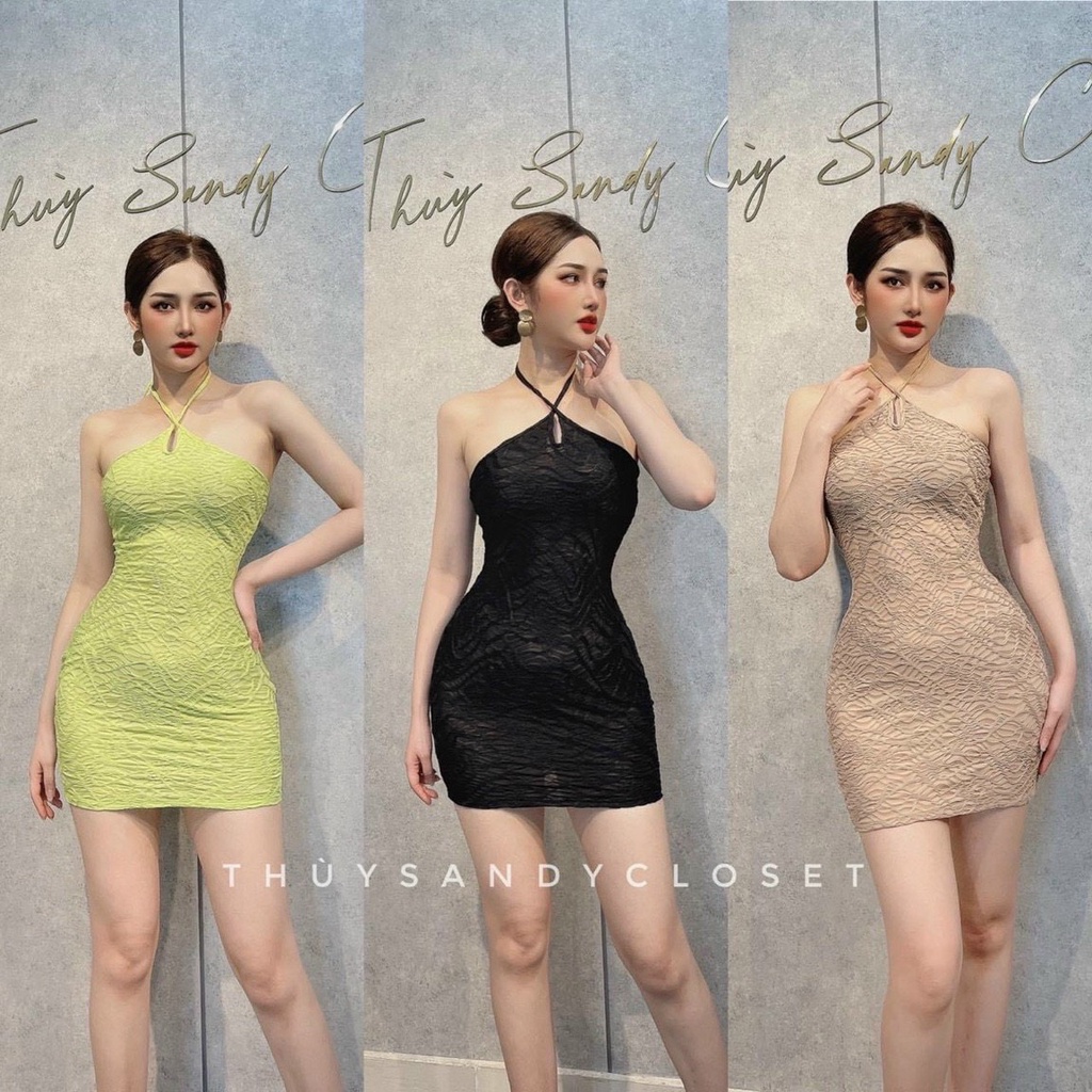 Đầm yếm xốp ôm body chéo cổ trơn cực xinh , chất xốp quảng châu mềm mát ly alohashop91