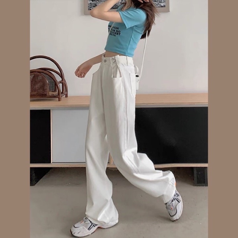 Quần jean bò ống rộng suông xuông nữ jeans cạp cao phong cách Hàn Quốc sành điệu style năm 2022