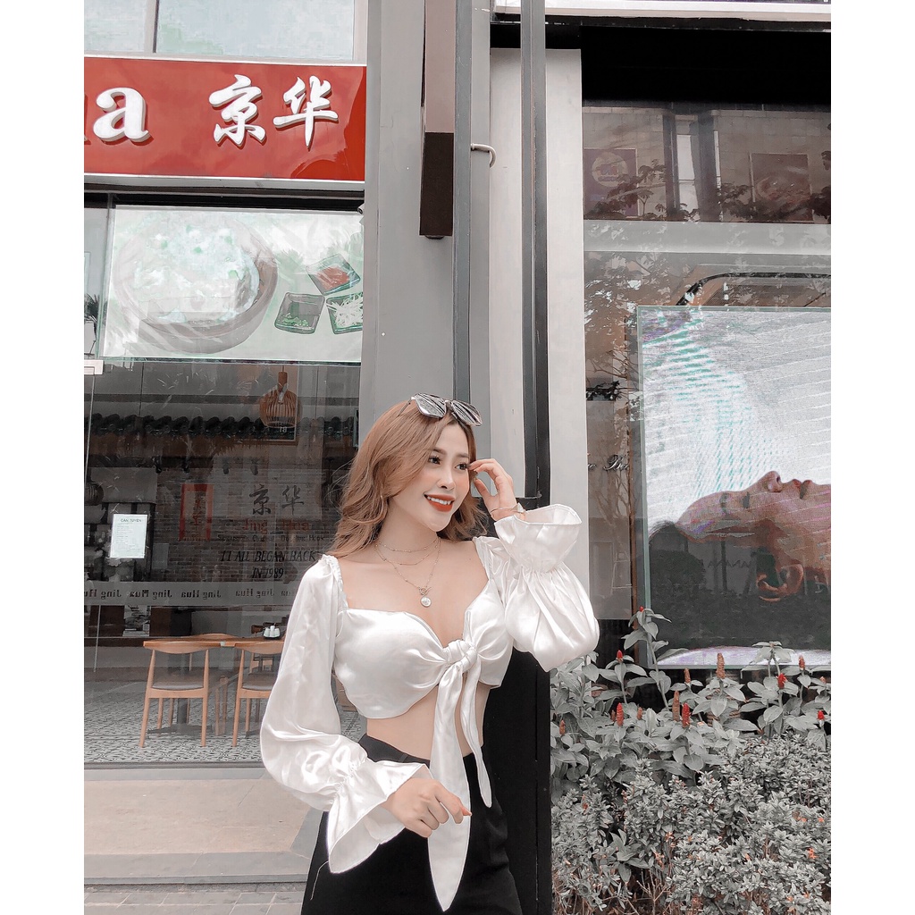 Áo Croptop Tay Bồng Cột Nơ Ngực Bigsize Có Mút Lót Trong May Hai Lớp Chất Lụa Satin Dưới 70Kg "ROSE"