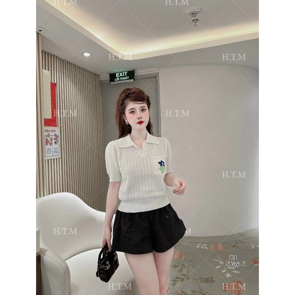 Áo Len Polo Đan Lỗ Túi Ngực thêu hoa Basic mặc được bốn mùa