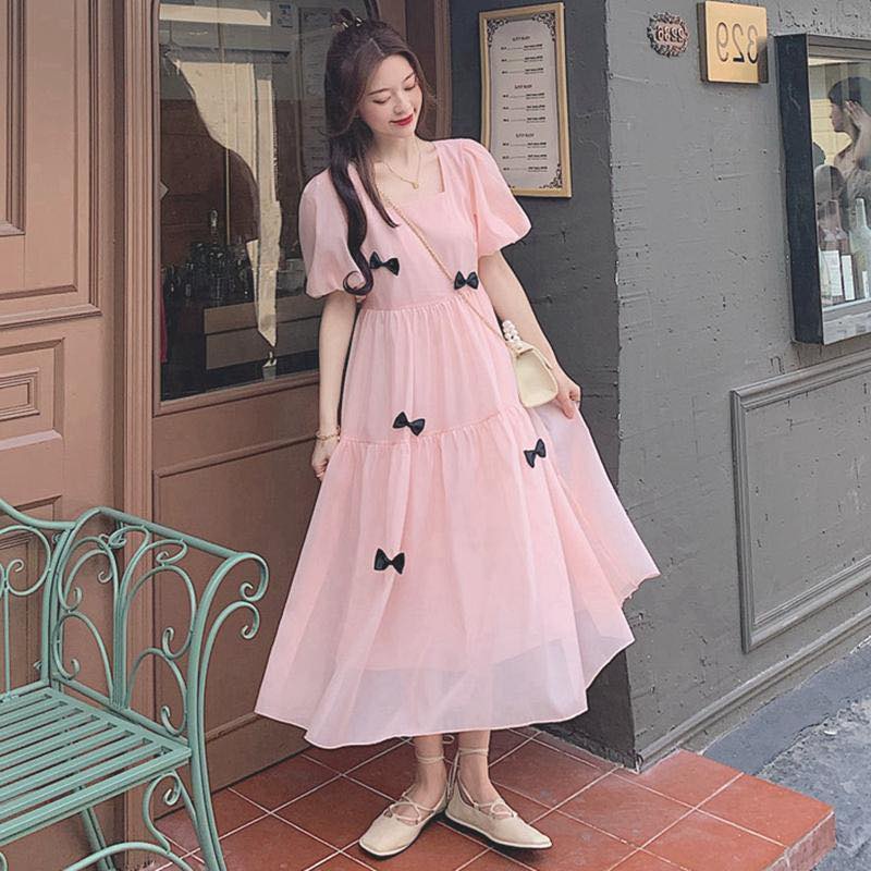 Đầm bầu ngắn tay cổ vuông gắn nơ M448 vải lụa tơ hai lớp freesize Mom and Baby