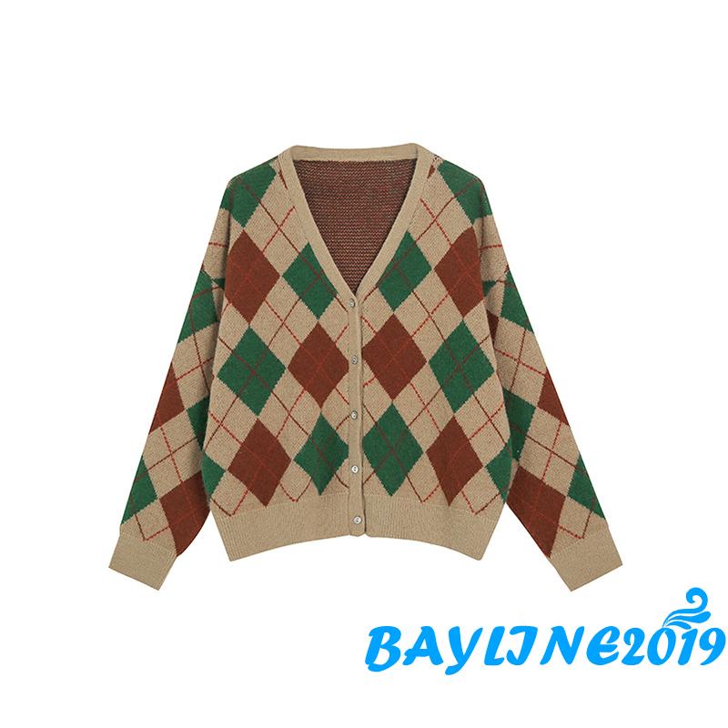 Áo khoác len nữ dài tay cổ chữ v màu sắc tương phản