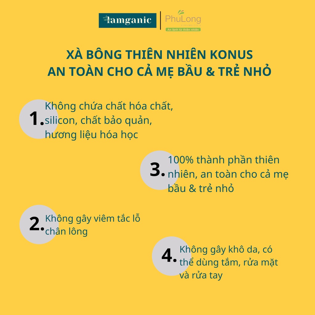 Xà bông thiên nhiên KONUS Tràm - Chiết xuất từ dầu dừa và nước tro dừa, làm sạch da và rôm sẩy