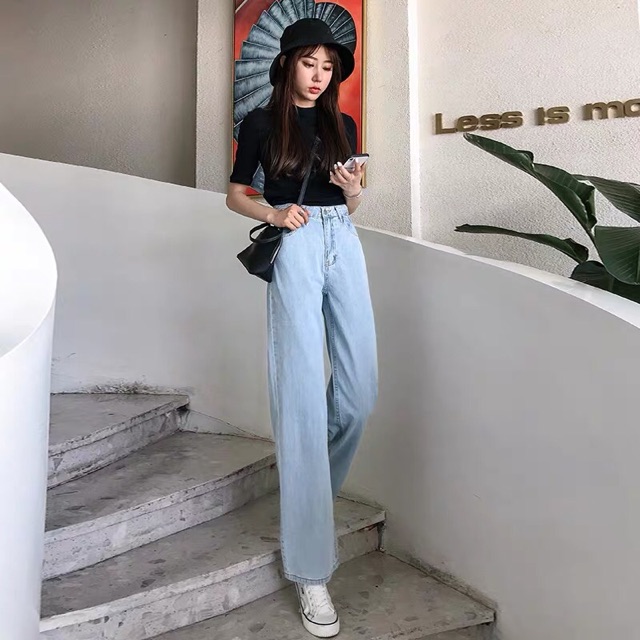 Quấn baggy jeans boyfriend cuốn lai ống loe nhẹ form rộng kèm ảnh thật