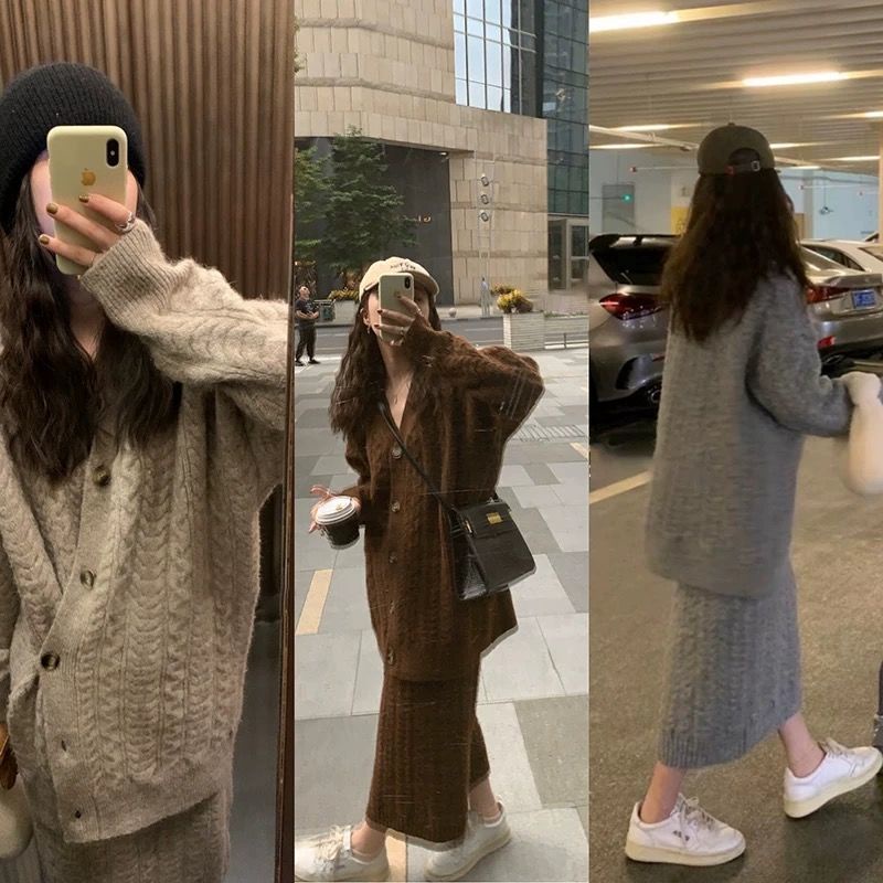 Bộ Áo cardigan Cổ Chữ V + Chân Váy Lưng Cao Thời Trang Hàn Quốc Cho Nữ