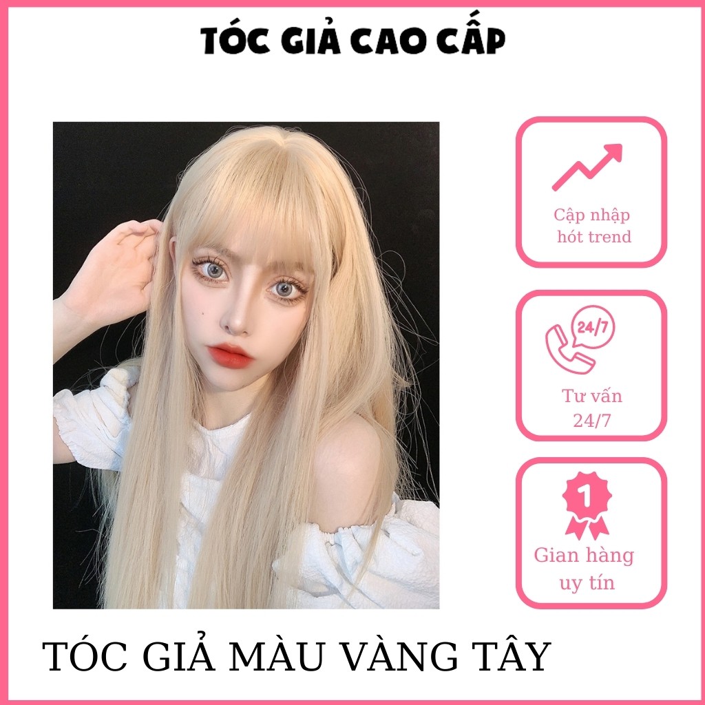 Tóc giả nguyên đầu nữ đẹp màu vàng tây, mã 7007, tặng kèm lưới trùm tóc, sợi tơ cao cấp
