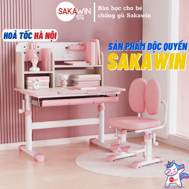 Bàn học chống gù S80, Bàn học cho bé có giá sách, Nâng hạ tay quay dễ dàng, Bảo hành 24 tháng
