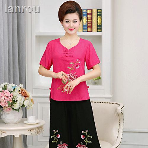 Set Áo Thun Cotton Và Quần Ống Rộng Thêu Họa Tiết Phong Cách Dân Tộc Dành Cho Phụ Nữ Trung Niên 40-60 Tuổi