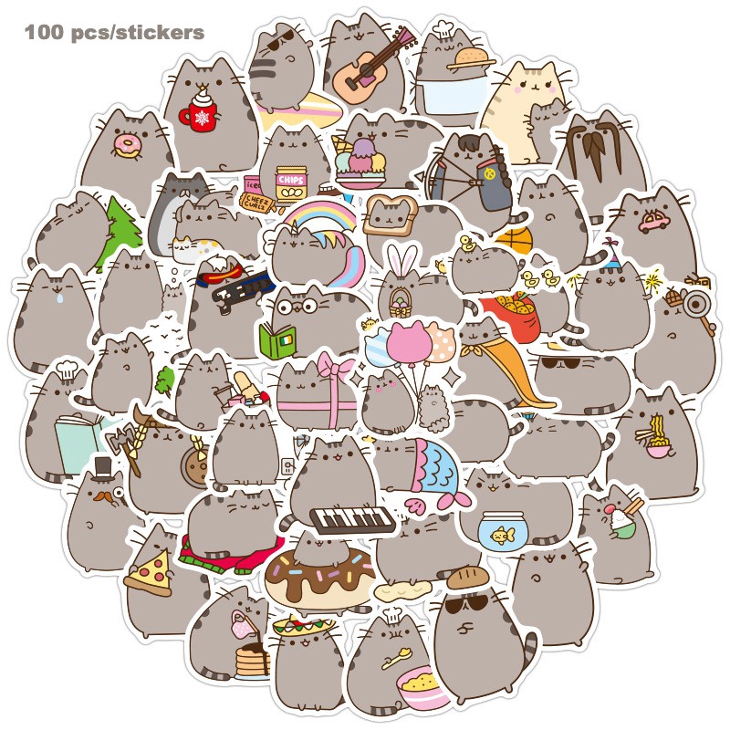 Bộ 100 Miếng Dán Trang Trí Hình Mèo Pusheen Chống Thấm Nước