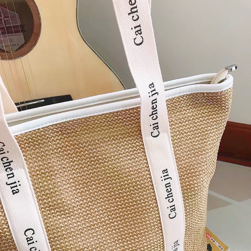 Túi tote đeo vai bằng cói dây đeo in chữ Caichenjia