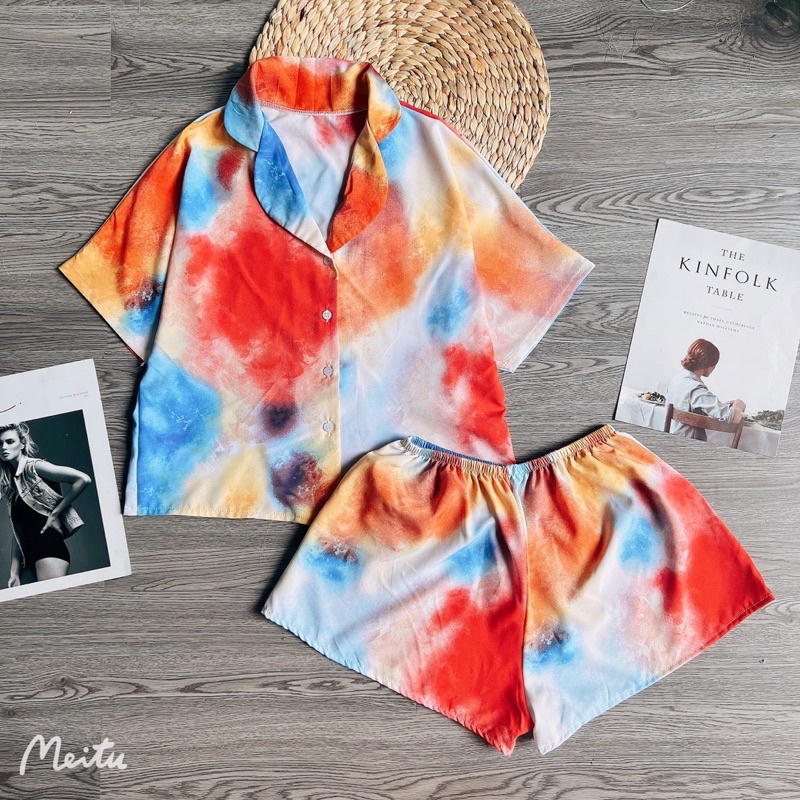 Đồ Ngủ Nữ, Đồ Mặc Nhà Bộ Pijama Cánh Dơi Tà Ngắn Cách Điệu Lụa 100D Freesize Dưới 70Kg