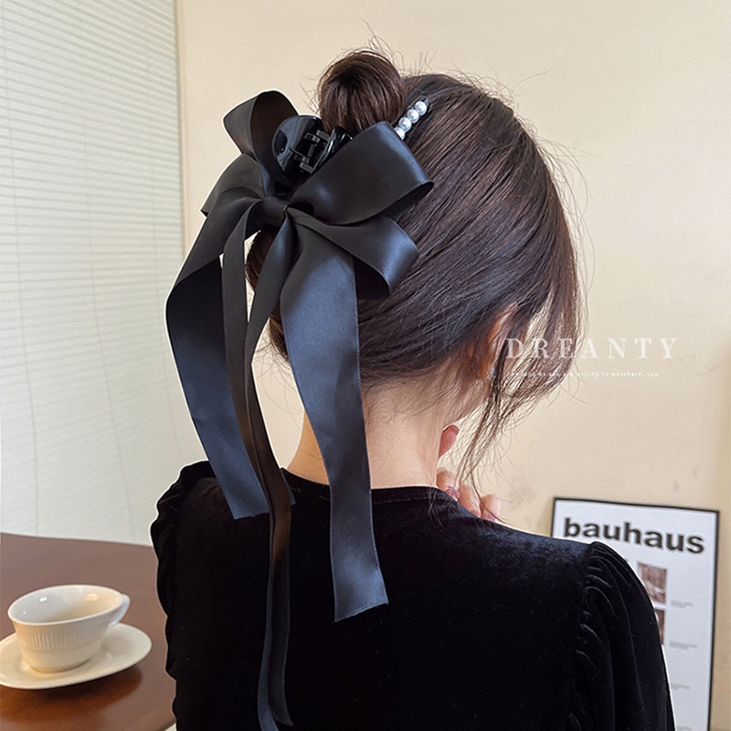 Kẹp Tóc Nơ Ruy Băng Đính Ngọc Trai Thiết Kế Đơn Giản Độc Đáo Phong Cách Hàn Quốc