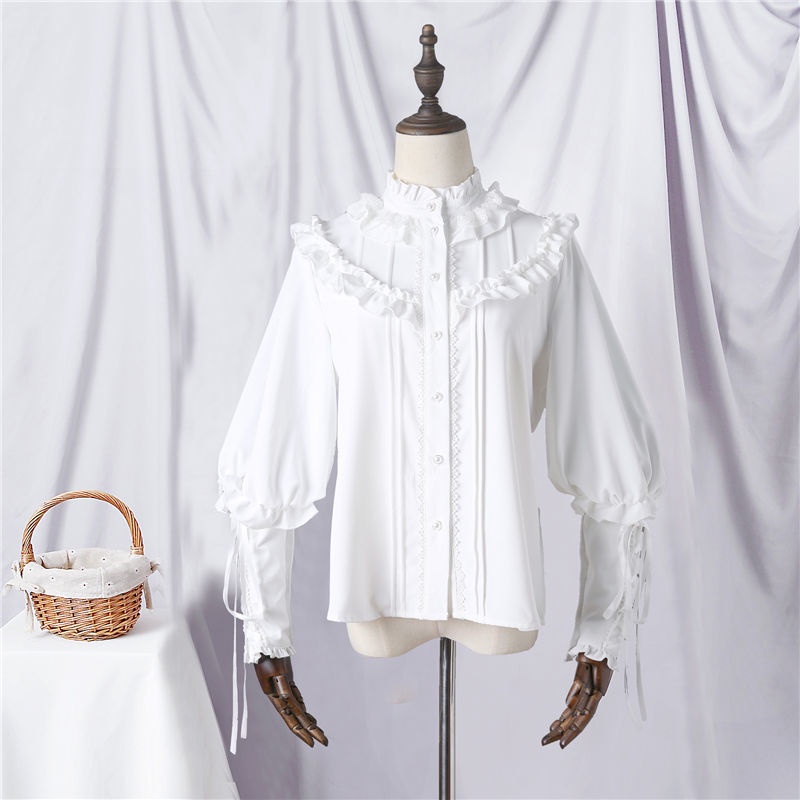 Áo sơ mi cổ đứng phối ren bèo phong cách lolita