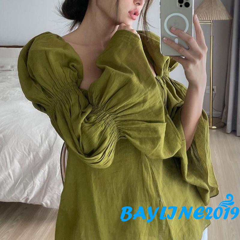 Áo cổ vuông tay dài dáng loe xẻ tà trước màu trơn phong cách xuân thu dành cho phái nữ