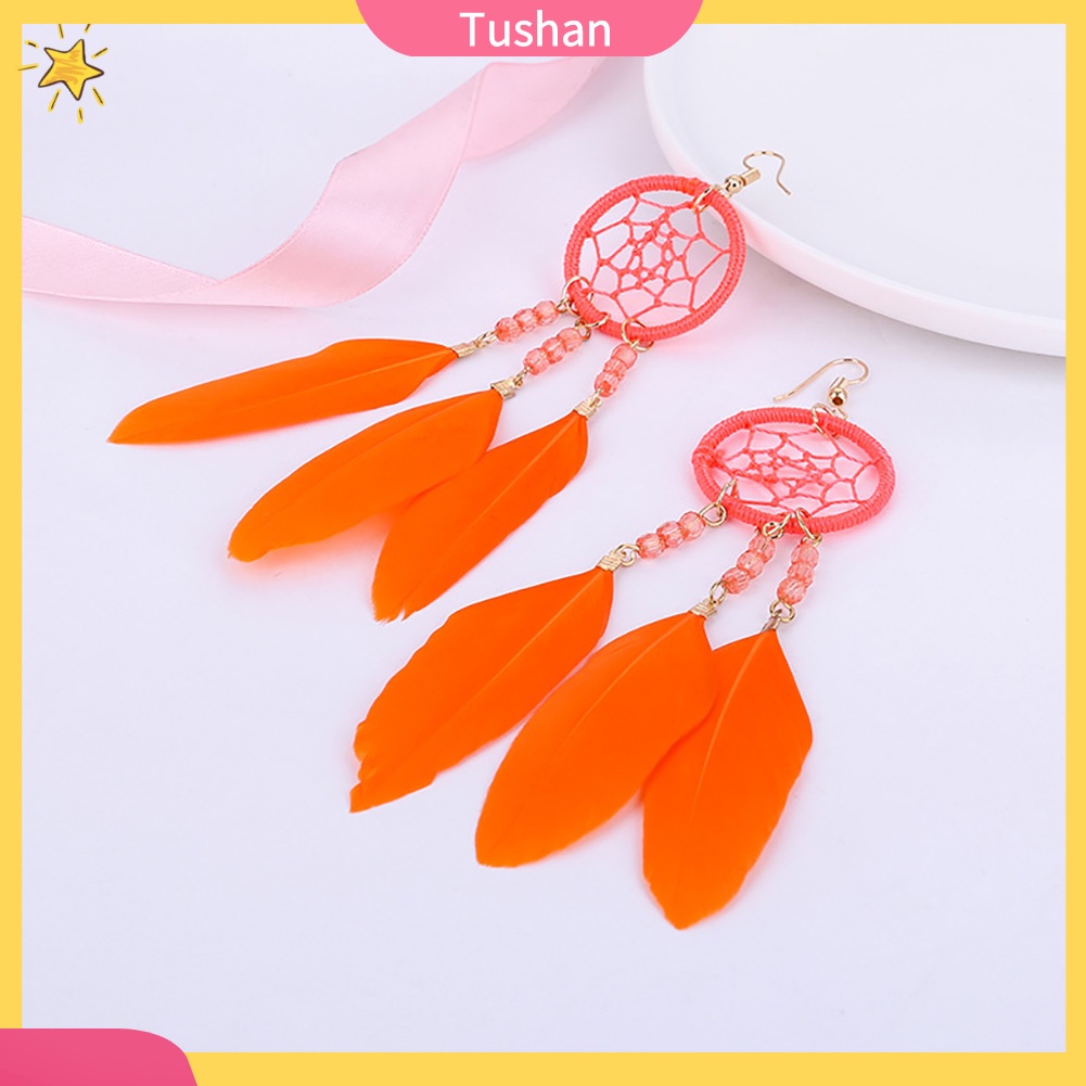 Đôi khuyên tai dài kiểu Dream Catcher gắn lông vũ thời trang cho nữ