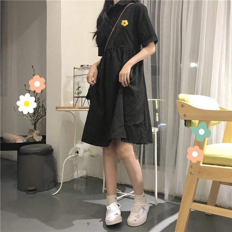 Đầm Tay Ngắn Màu Đen Thêu Họa Tiết Phong Cách Hàn Quốc Thời Trang Mùa Hè Cho Nữ 2021
