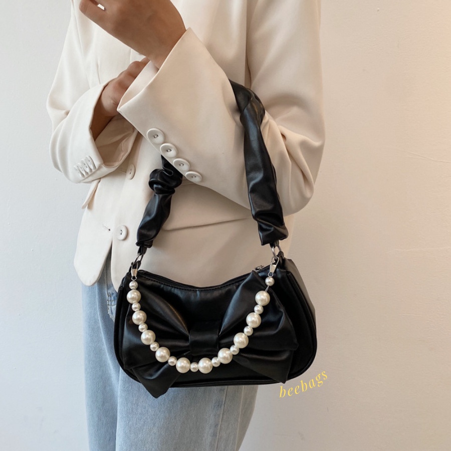 Túi Da Nữ Phối Nơ Tiểu Thư Xinh Xắn Phối Ngọc Đeo Vai Màu Trắng, Đen | TX12 | Túi Đeo Vai Nữ Đi Chơi Đi Tiệc Dễ Phối Đồ