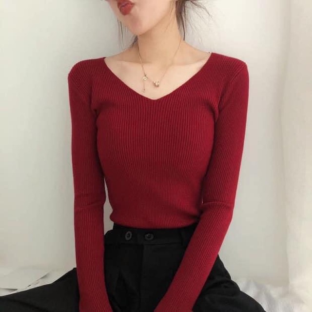 Áo len tăm cổ tim nữ tính, áo len mỏng cổ V ôm body siêu chất | BigBuy360 - bigbuy360.vn